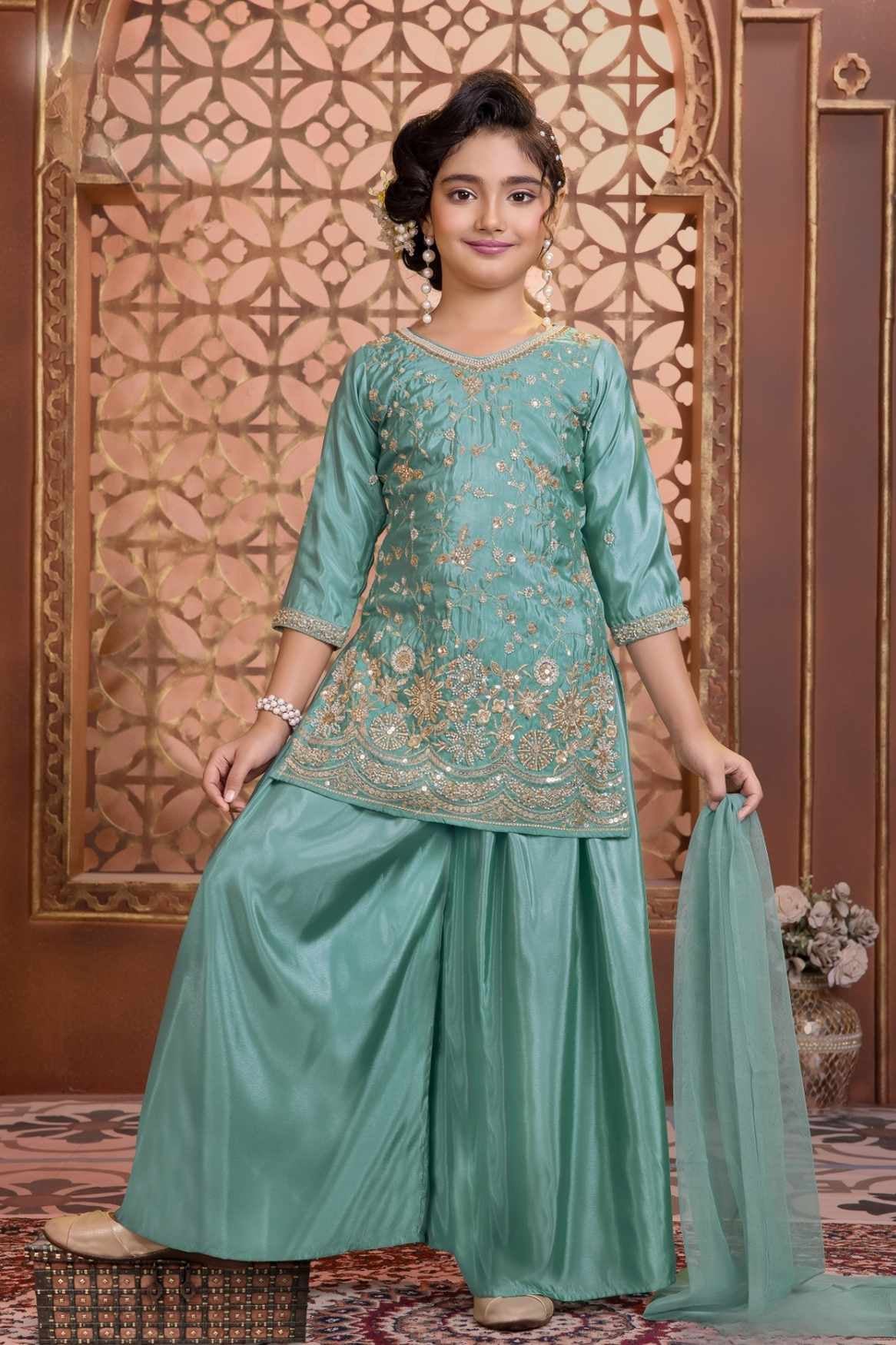 Sea Green Embroidered Palazzo Set with Dupatta For Girls