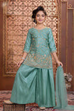 Sea Green Embroidered Palazzo Set with Dupatta For Girls