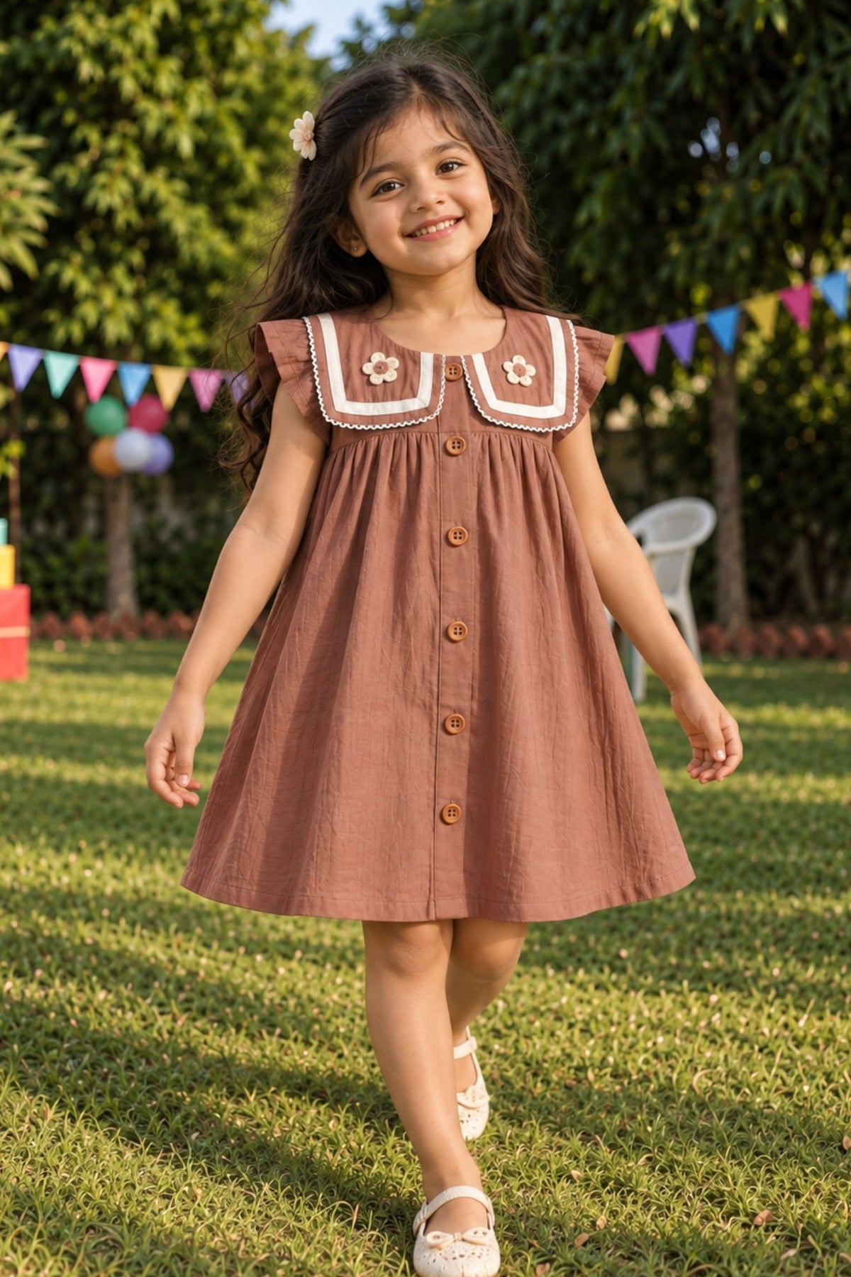 Girls Brown Crochet Flower Sailor Collar Dress
