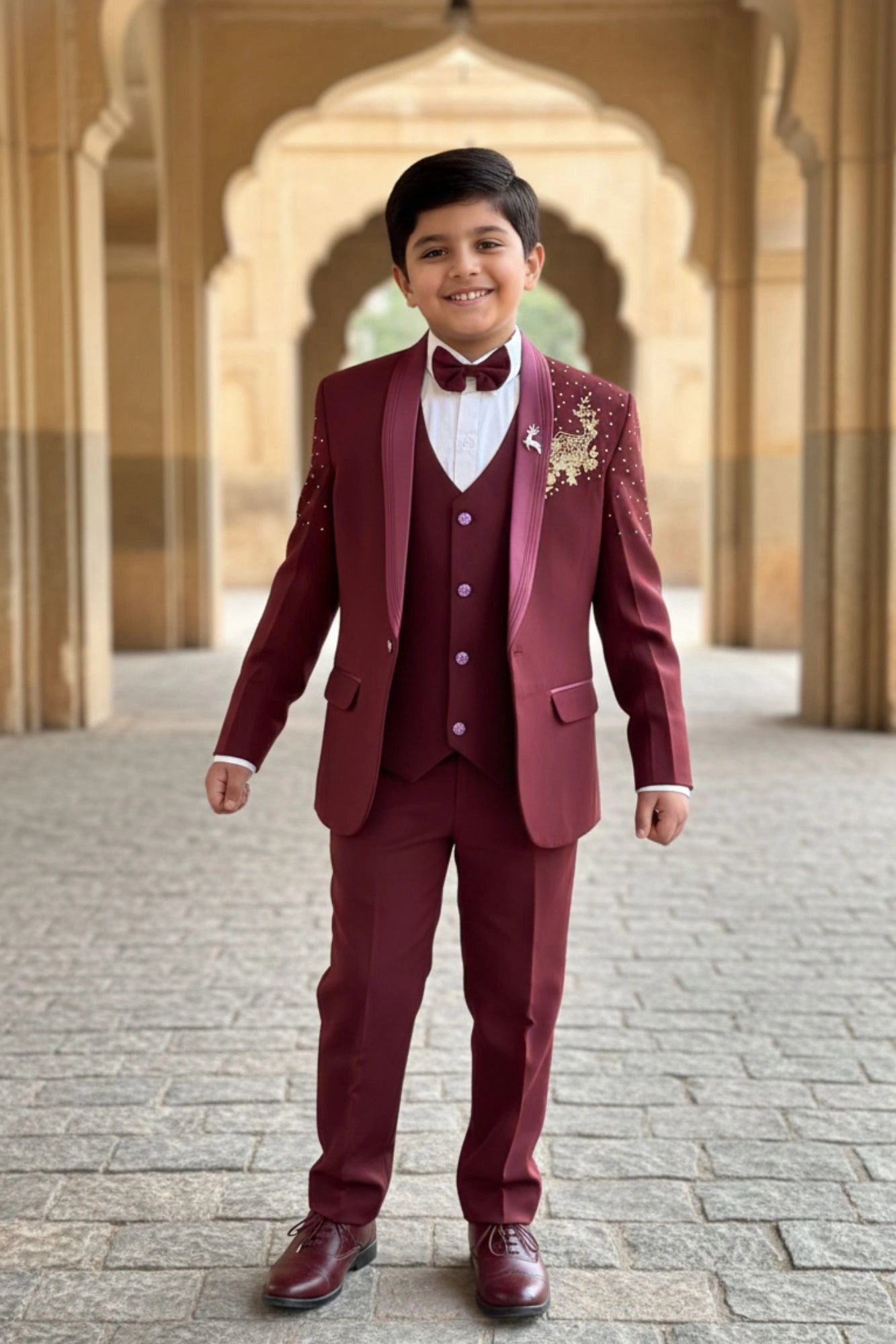 Maroon Premium Embroidered 5-Piece Suit Set For Boys
