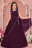 Girls Wine Embroidered Lehenga Choli with Draped Dupatta And Tassel Detailing