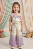 Cream and Lilac One-Shoulder Co-Ord Set with Striped Wide-Leg Pants