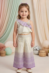 Cream and Lilac One-Shoulder Co-Ord Set with Striped Wide-Leg Pants
