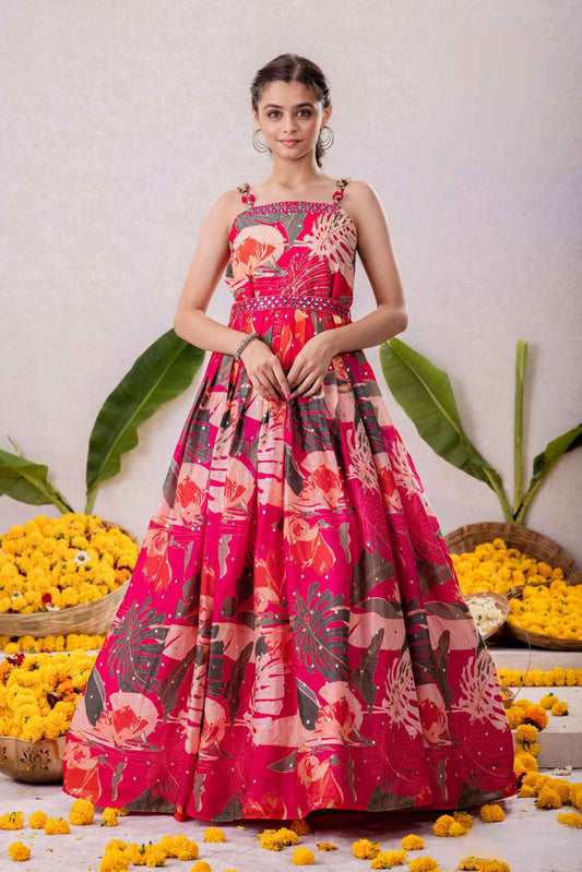 Rani Pink Gown With Printed And Mirror Work For Girls