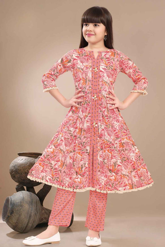 Peach Floral Printed And Sequins Work Kurta With Pant Set For Girls