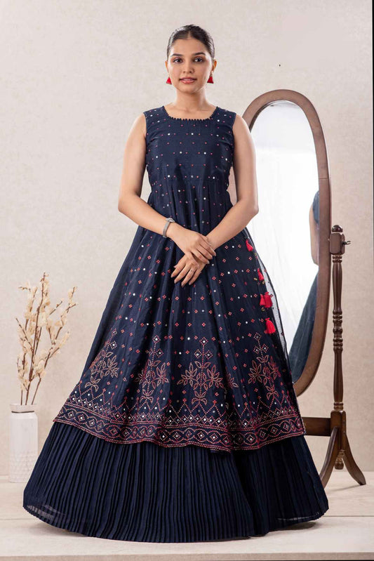 Navy Blue Sequin And Mirror Work Lehenga Choli Set For Girls