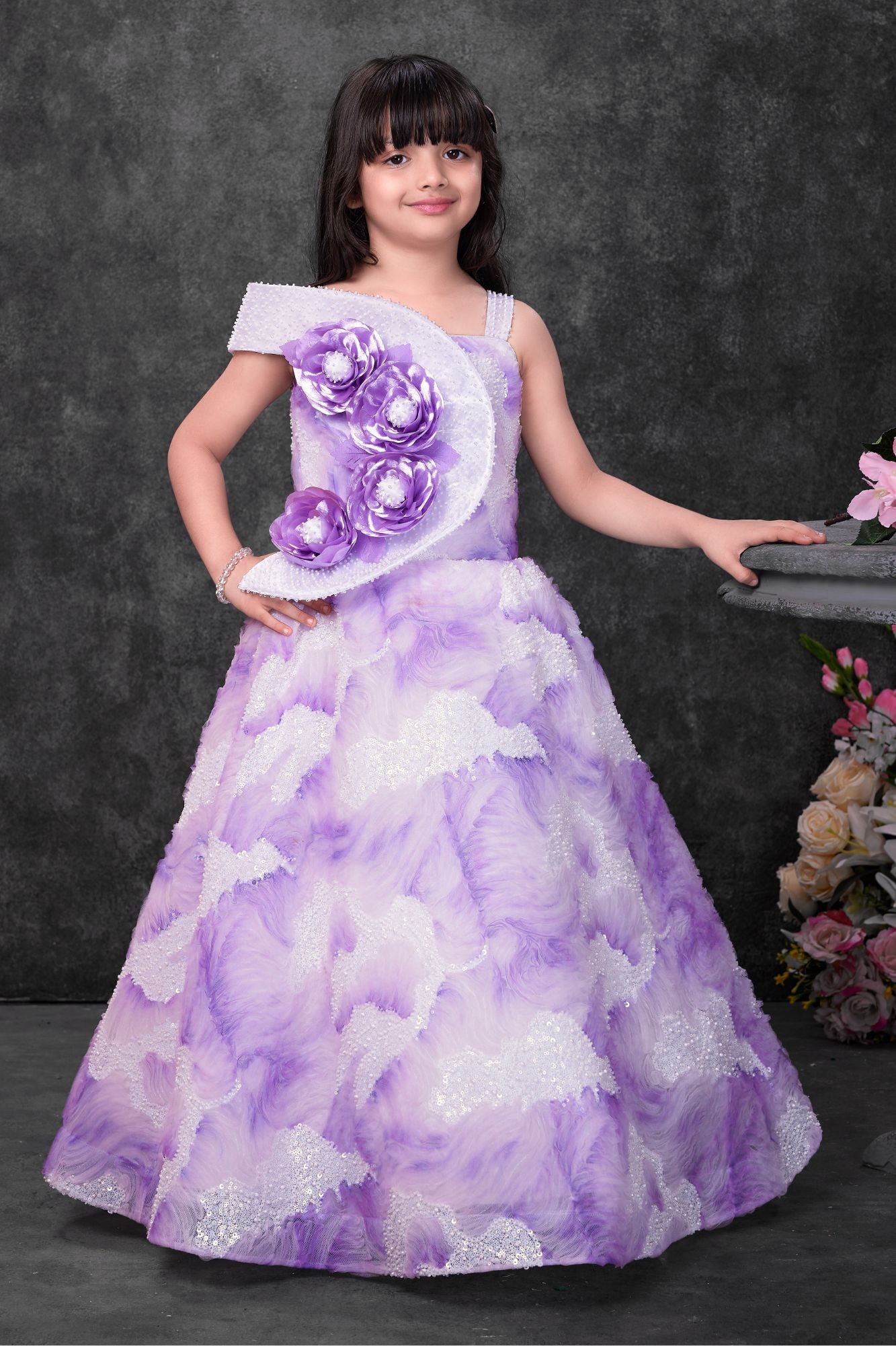 Lavender Floral Appliqué Party Wear Gown For Girls