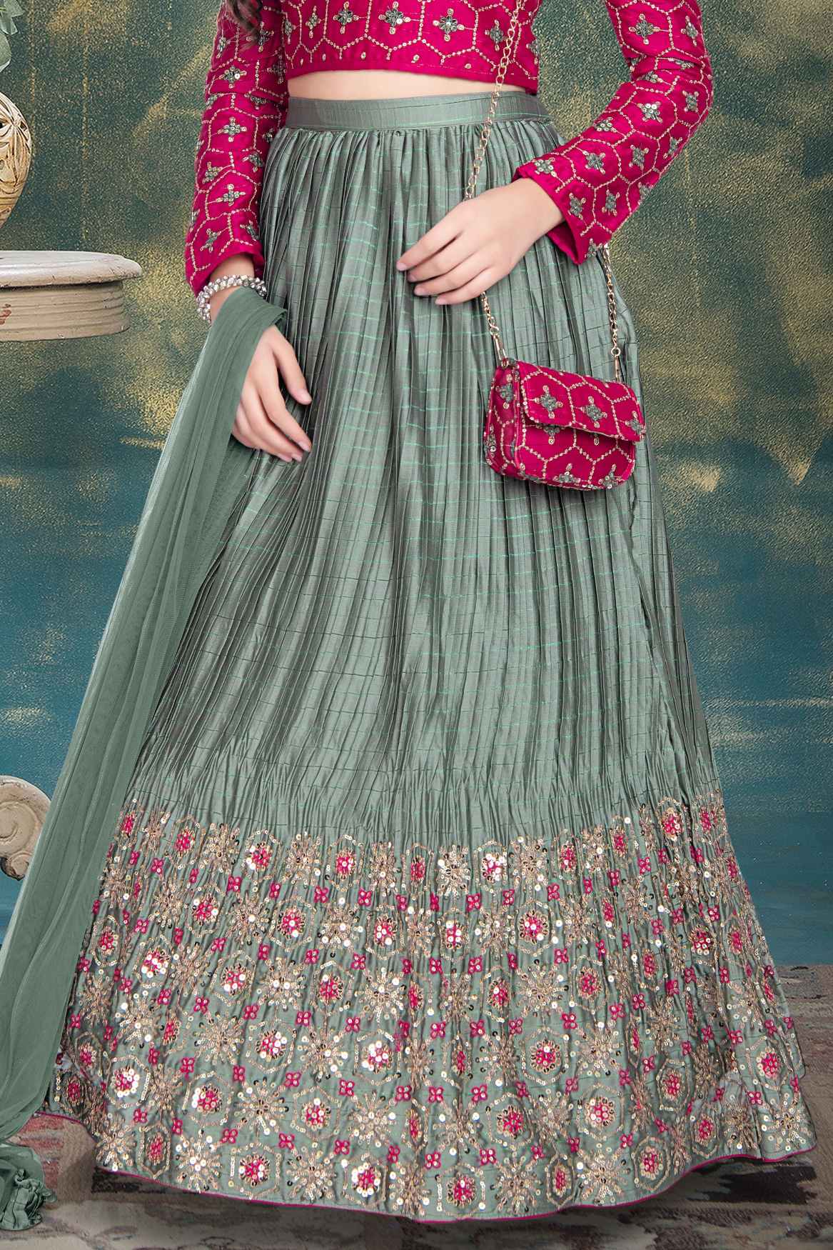 Rani Pink Full Sleeves Lehenga Choli Set With Sequins Work For Girls