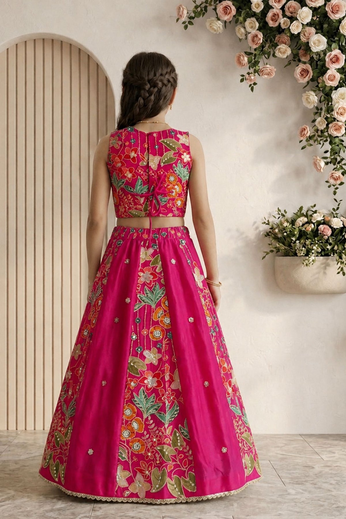 Rani Pink Floral Printed Embroidered Lehenga Choli with Dupatta