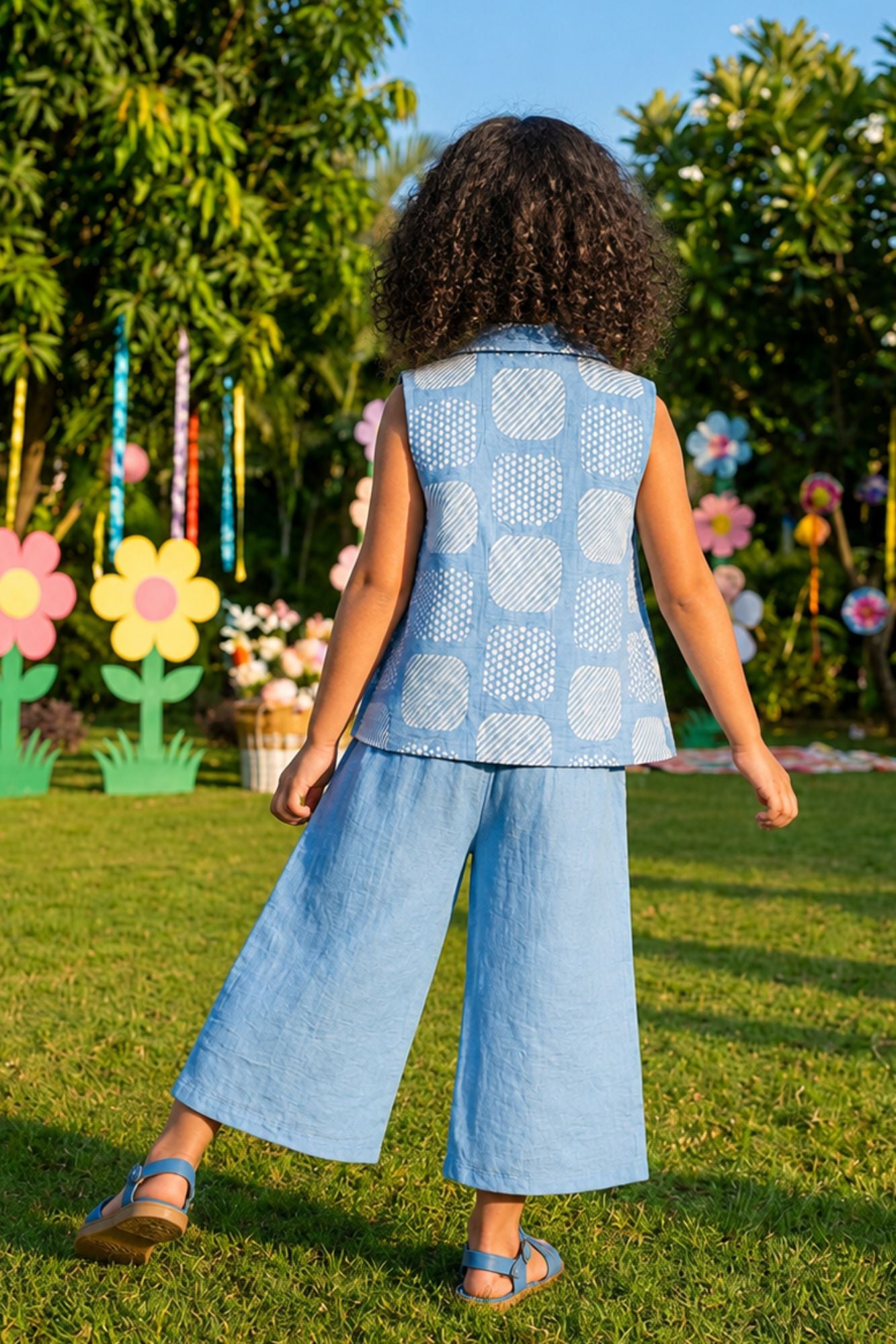 Girls Sky Blue Printed Waistcoat Co-Ord Set with Inner Top And Wide-Leg Pants