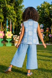 Girls Sky Blue Printed Waistcoat Co-Ord Set with Inner Top And Wide-Leg Pants