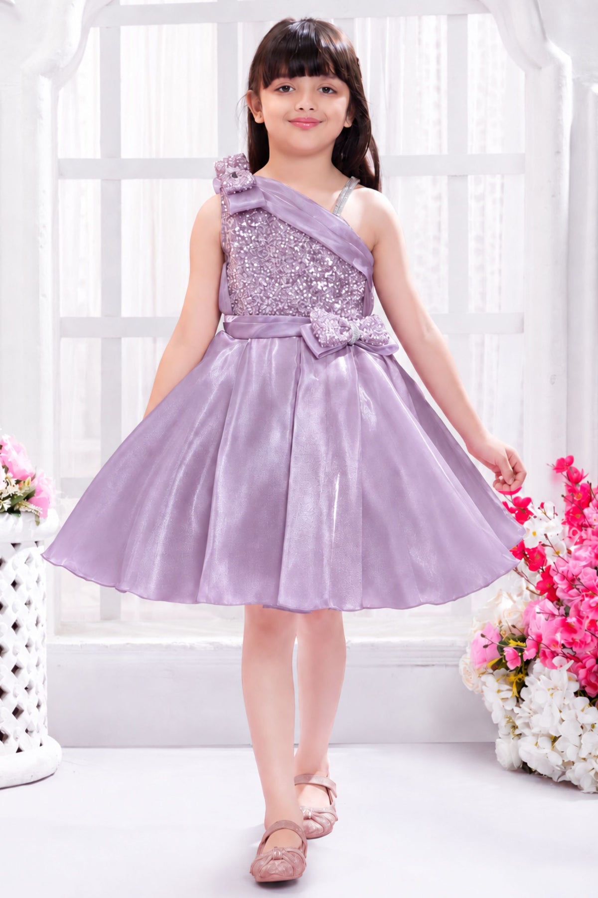Lavender Party Wear Frock With Sequined Statement Bow