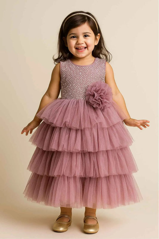Pink Tiered Ruffle Gown With Sequin Bodice And Flower Appliqué For Girls