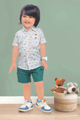 White Printed Shirt And Green Shorts Set For Boys