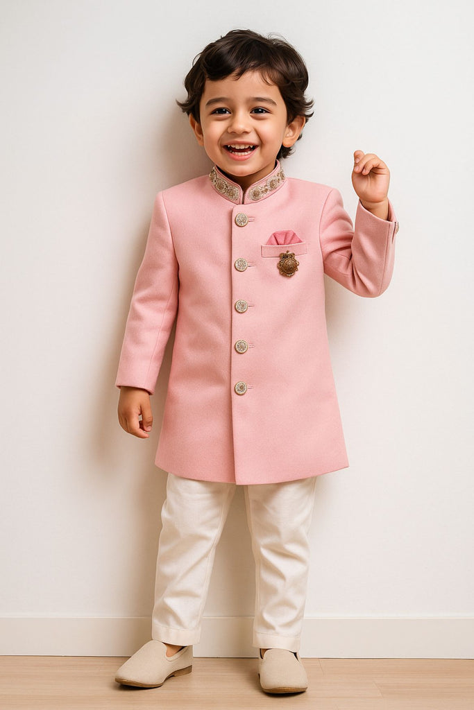 Elegant Pink Embroidered Sherwani Set For Boys – Lagorii Kids