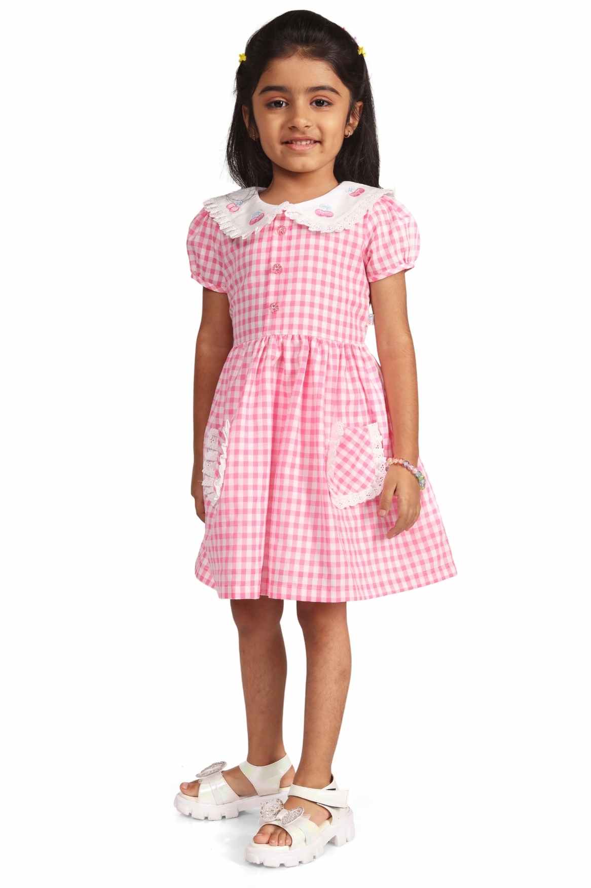 Pink Checked And Embroidery Frock For Girls