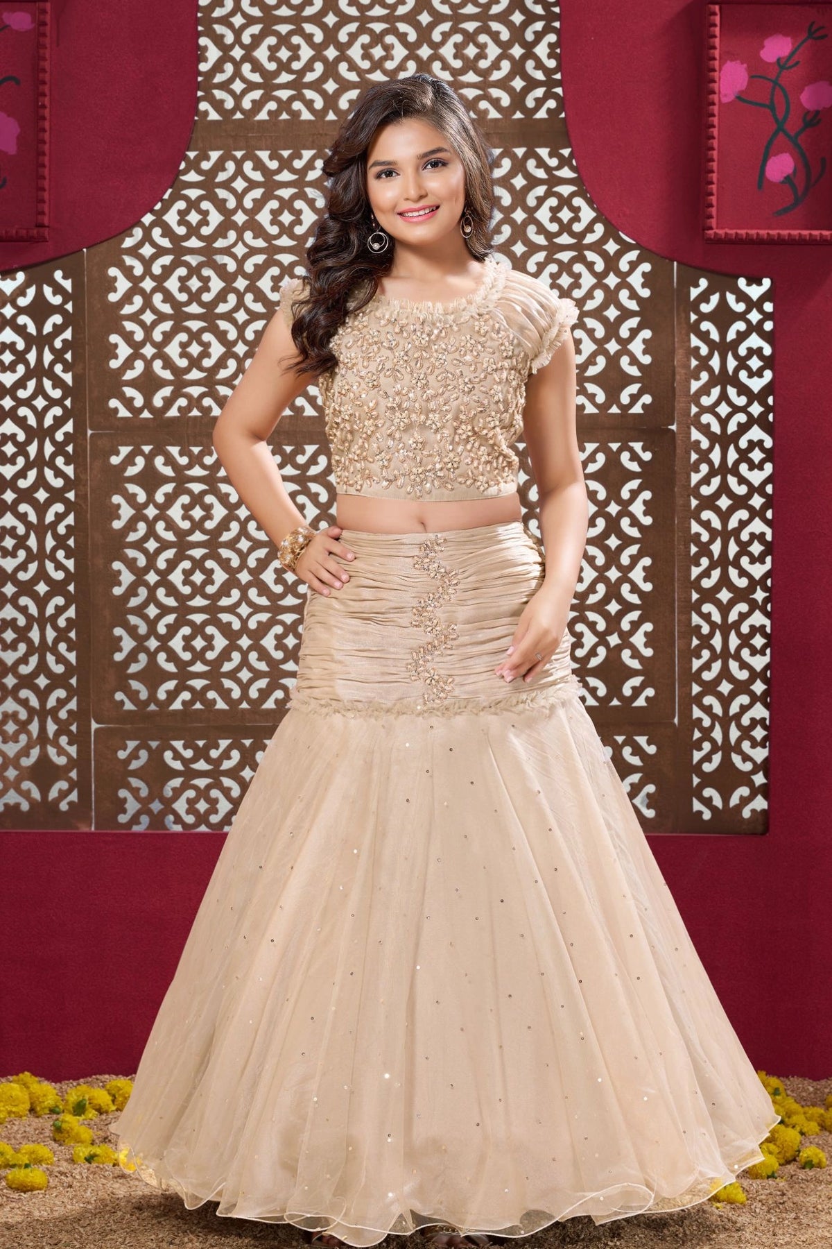 Fawn Embellished Mermaid-Style Lehenga Choli For Girls