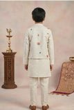 Beige Kurta Set With Floral Printed Nehru Jacket For Boys