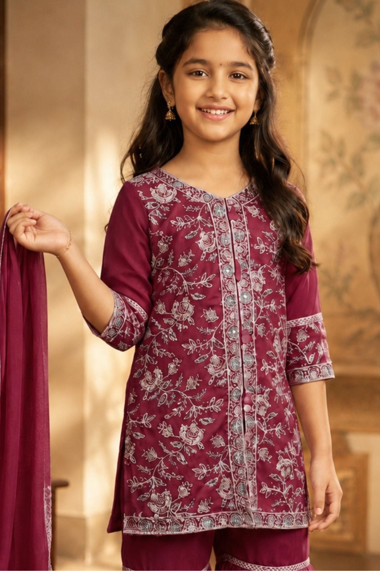 Dark Mauve Thread Embroidered Short Kurti with Sharara and Dupatta For Girls