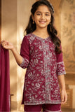 Dark Mauve Thread Embroidered Short Kurti with Sharara and Dupatta For Girls