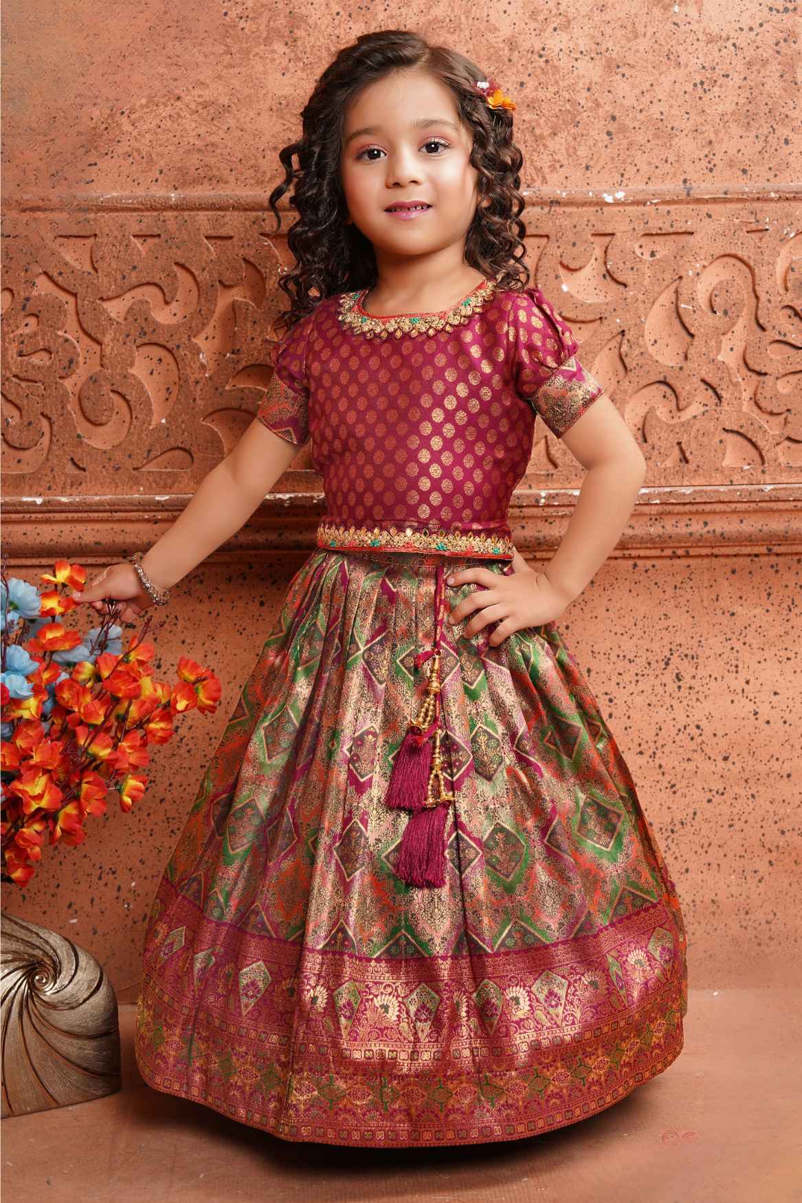 Wine Brocade Pattu Pavadai With Mirror Work And Thread Work For Girls