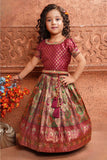 Wine Brocade Pattu Pavadai With Mirror Work And Thread Work For Girls