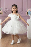 White Sequin Layered Ruffle Party Wear Frock With Statement Bow For Girls