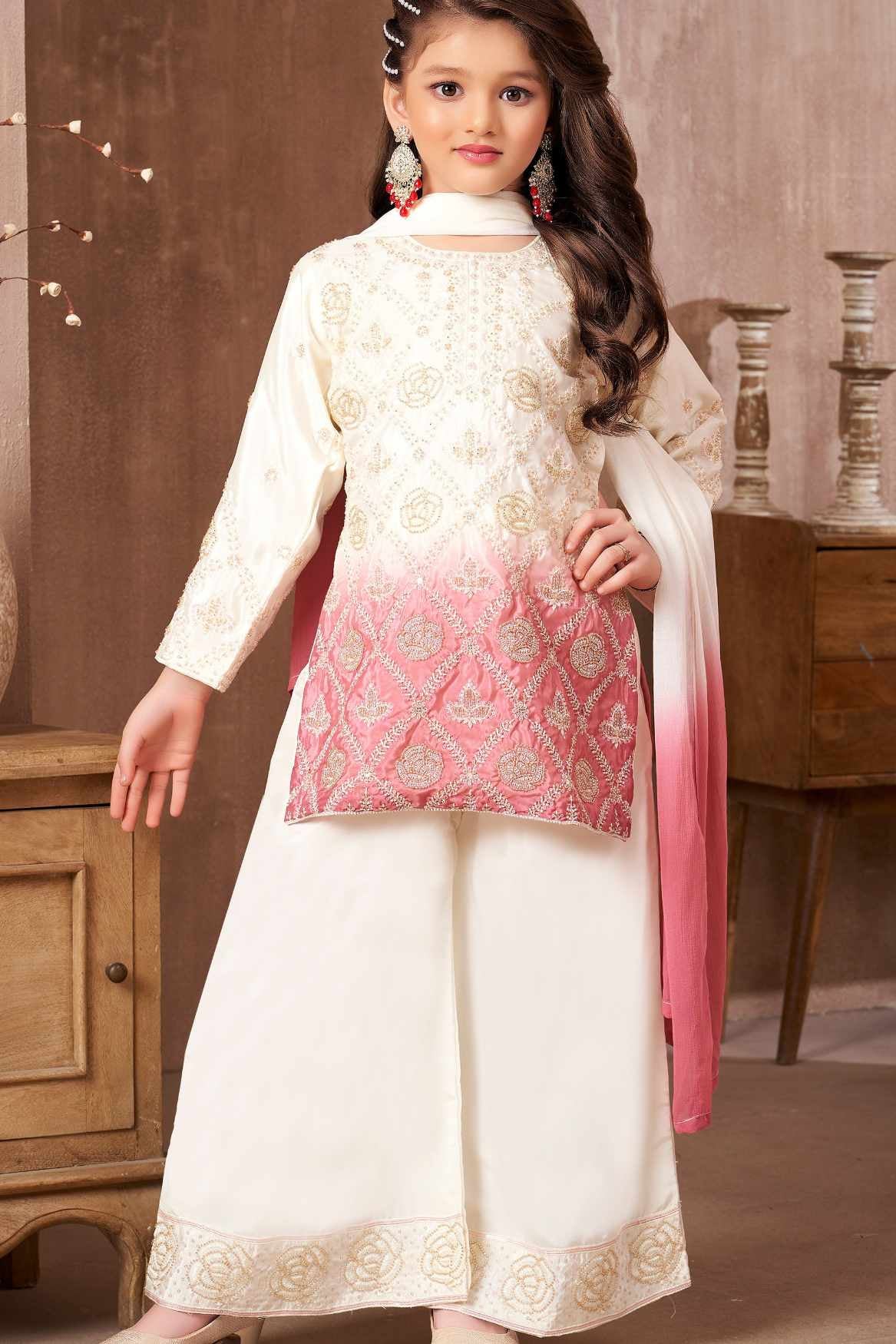 Ivory And Pink Ombre Embroidered Kurti Palazzo Set with Dupatta for Girls