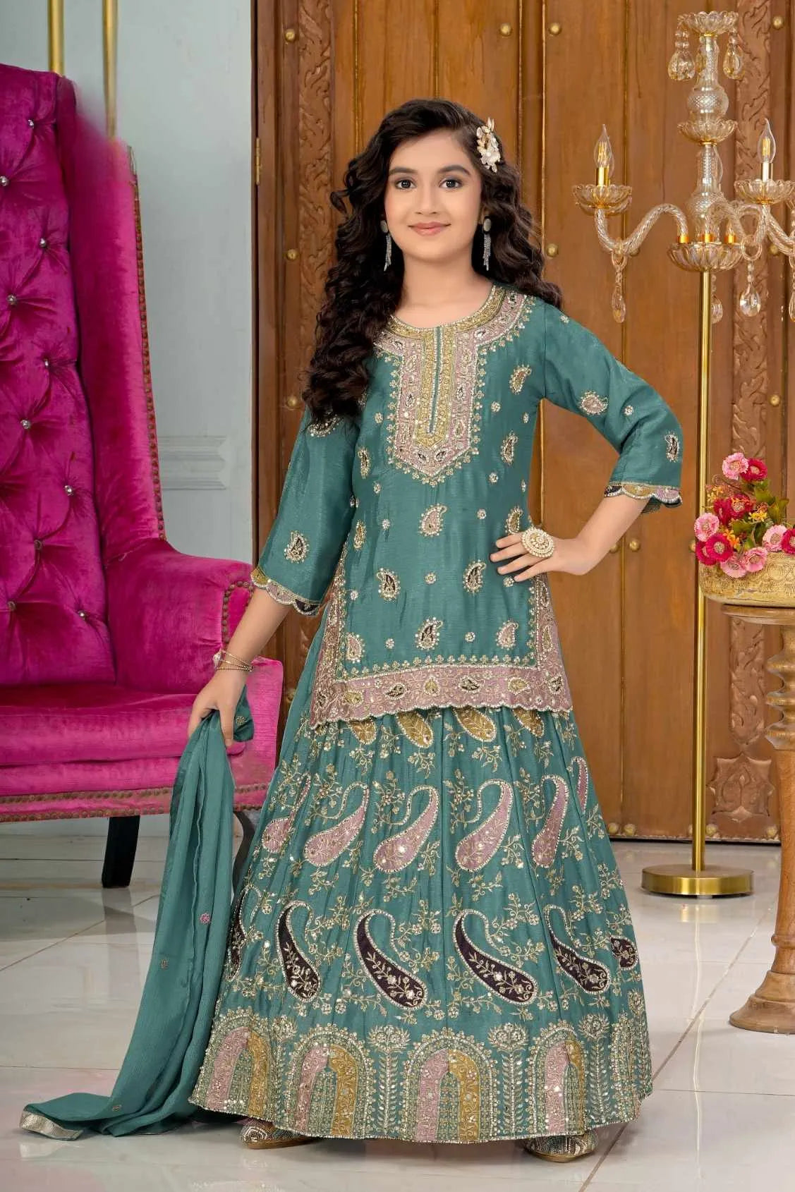 Rama Green Embroidered Lehenga Set for Girls