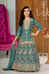 Rama Green Embroidered Lehenga Set for Girls