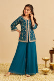 Girls Teal blue Embroidered Palazzo Set with Dupatta