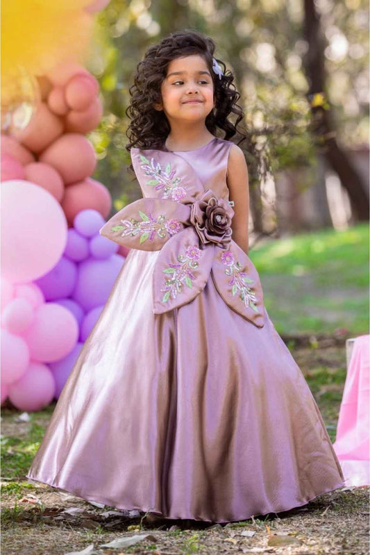 Mauve Satin Gown with 3D Floral Embellished And Embroidery Gown For Girls