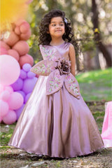 Mauve Satin Gown with 3D Floral Embellished And Embroidery Gown For Girls