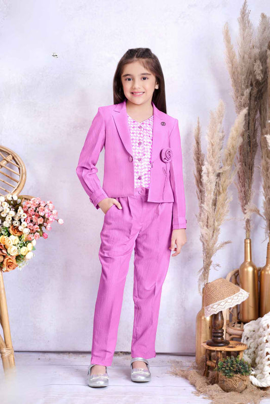 Trendy Lavender Co Ord set With Floral Embellished Overcoat For Girls