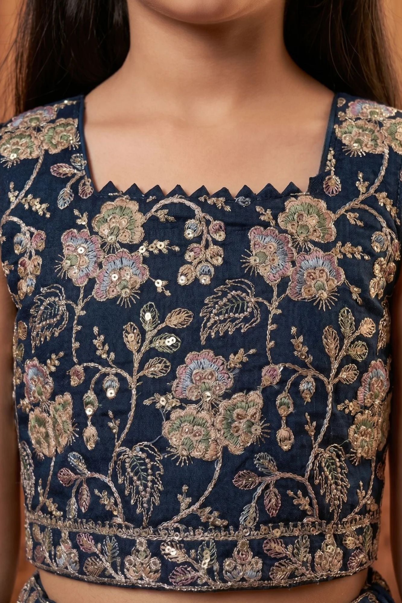 Girls Navy Blue Embroidered Lehenga Choli Set with Net Dupatta