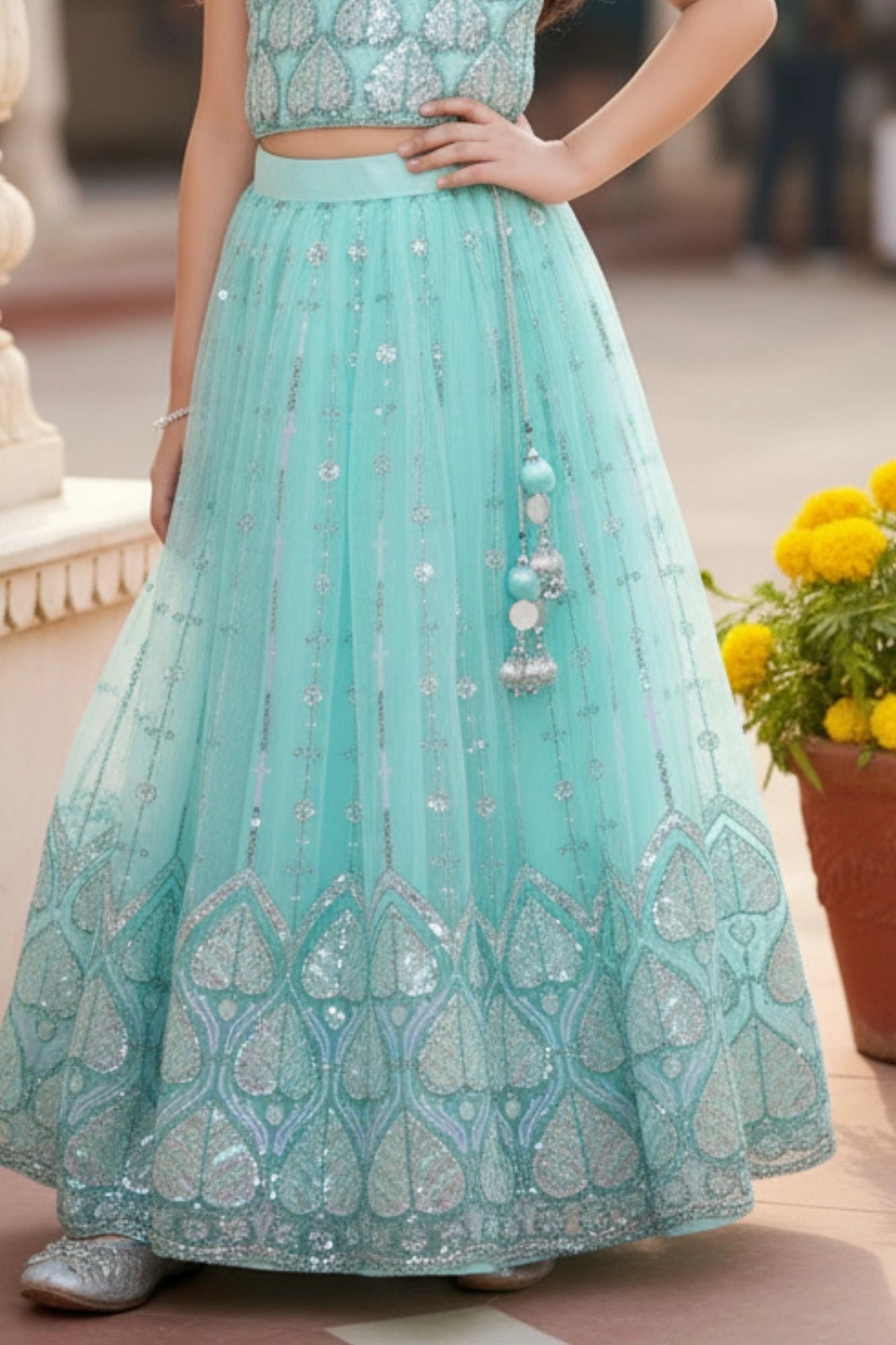 Sea Green Embroidered Lehenga Choli with Sequin Detailing For Girls