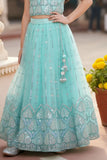 Sea Green Embroidered Lehenga Choli with Sequin Detailing For Girls