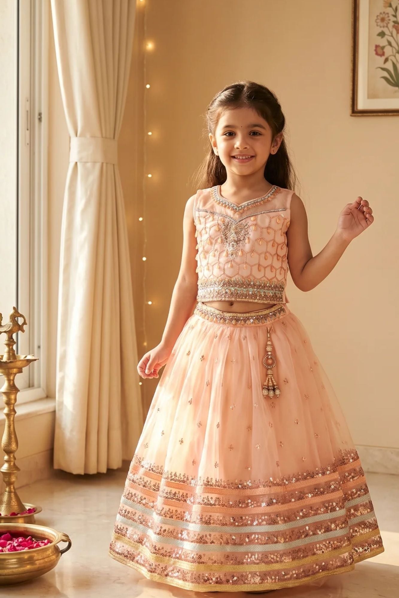 Peach Embellished Lehenga Choli for Girls