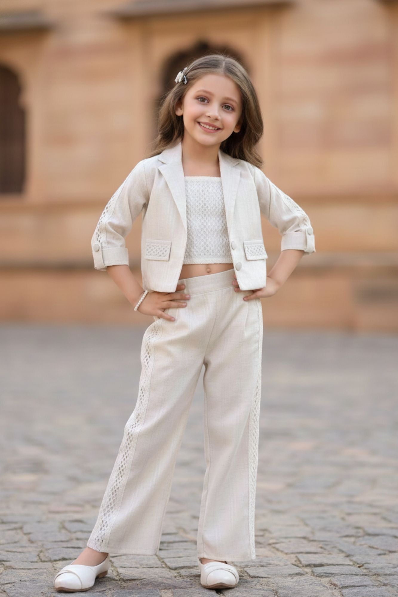 Stylish Cream Textured Design Top And Pant Set With Overcoat For Girls
