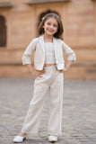 Stylish Cream Textured Design Top And Pant Set With Overcoat For Girls