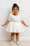 White Puff-Sleeve Party Dress With Rosette  For Girls