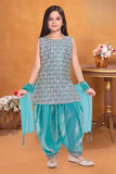 Aqua Blue Embroidered Patiala Set with Dupatta For Girls