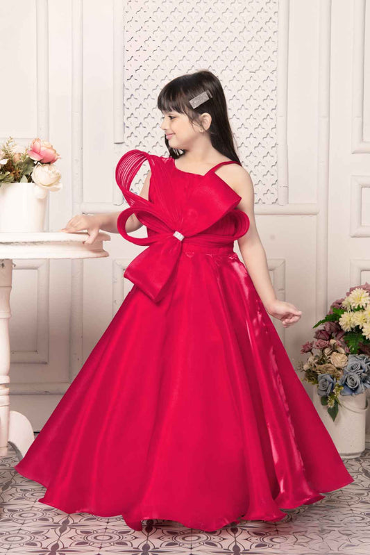 Cherry Red Bow Embellished With Stone Work Gown For Girls