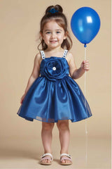 Peacock Blue Floral Embellished And Pearl Work Frock For Girls
