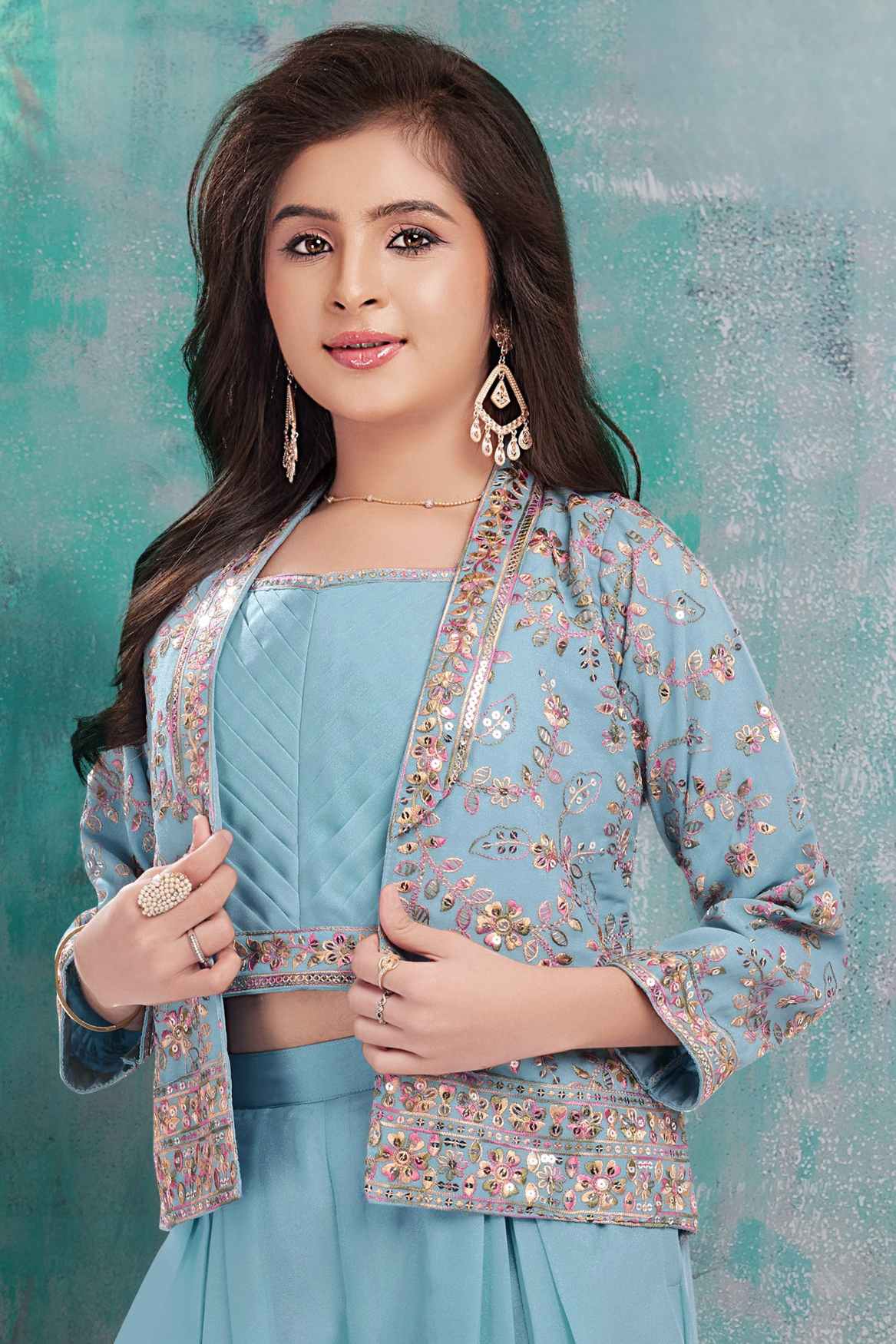 Sky Blue Sequins Work And Embroidered Ethnic Palazzo Set With Over Coat For Girls