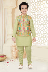 Pista Green Kurta With Printed And Sequin Embroidery Bandi For Boys