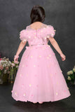 Pink Floral Petal Embellished Party Gown With Cape Overlay For Girls