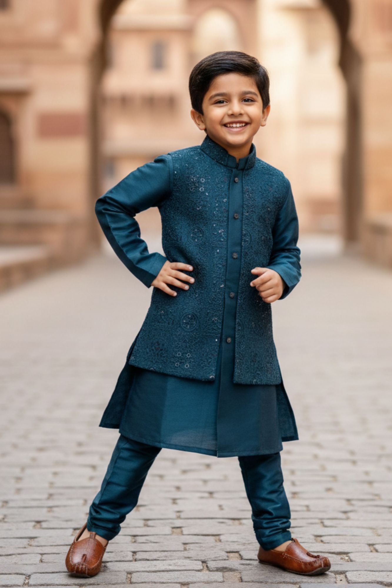 Teal Blue Thread And Sequins Embroidered Sherwani Set For Boys