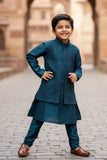 Teal Blue Thread And Sequins Embroidered Sherwani Set For Boys