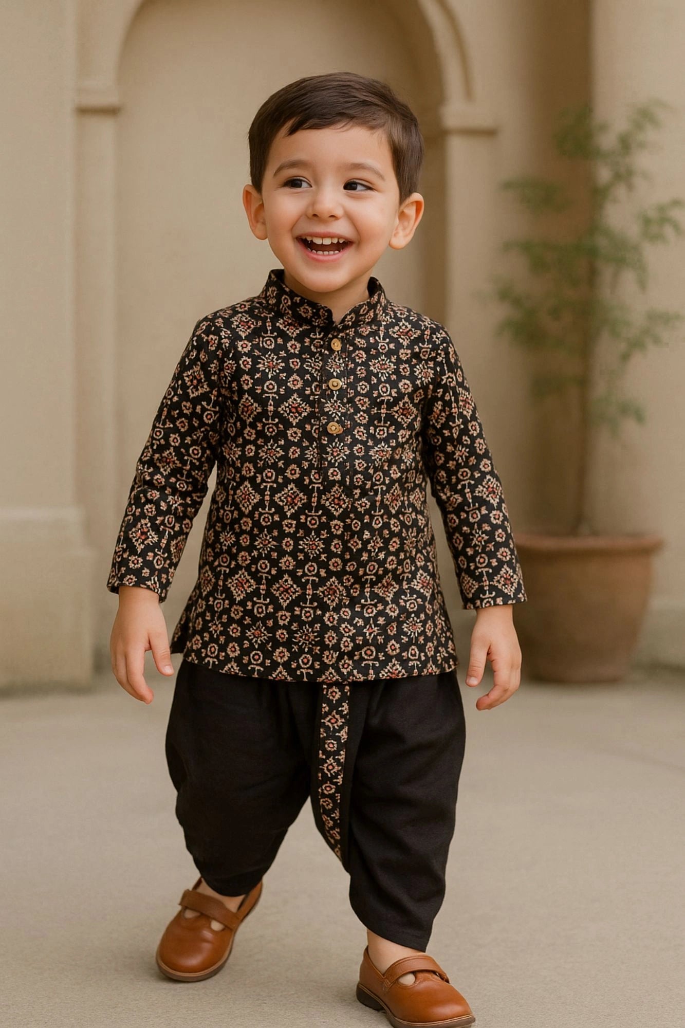 Black Handblock Printed Kurta with Dhoti Set For Boys